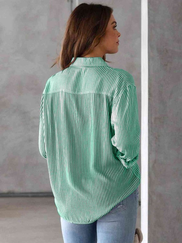 Mid green striped shirt with a button-up collar and long sleeves.