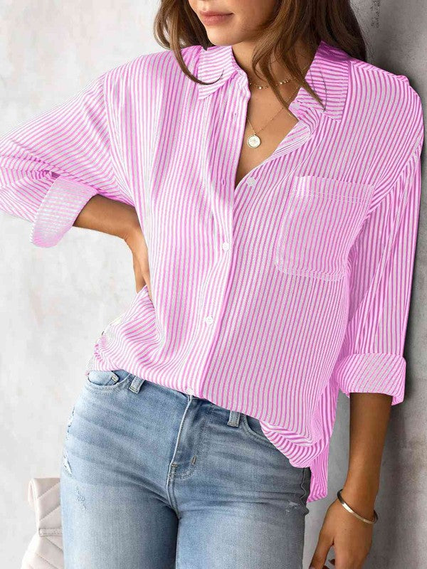 Carnation pink striped shirt with a button-up collar and long sleeves.