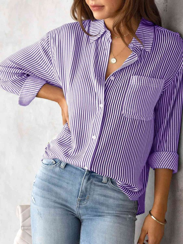 Vivid violet striped shirt with a button-up collar and long sleeves.