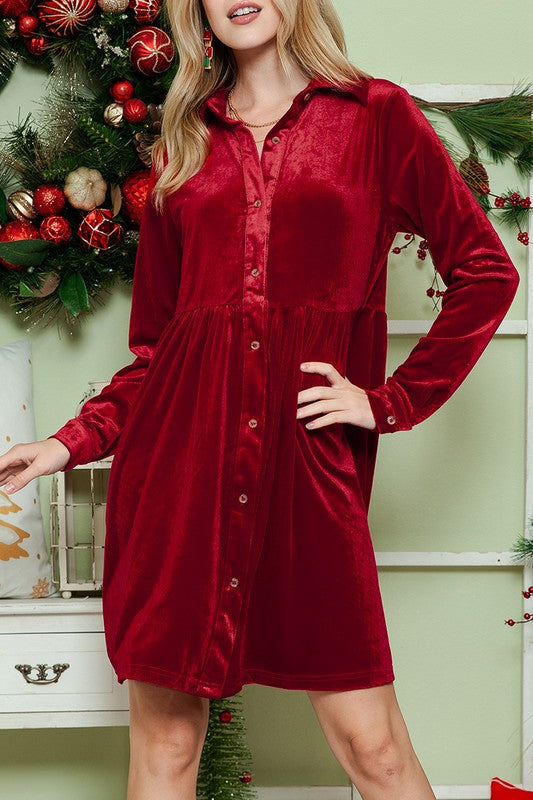 Red velvet button-down dress with a collared neckline and long sleeves.