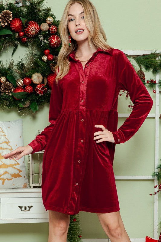 Red velvet button-down dress with a collared neckline and long sleeves.