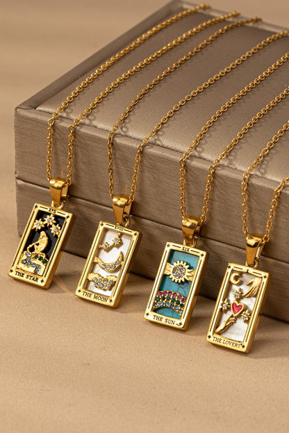 Tarot Card Natural Stone Pendant Necklaces in Sun, Moon, Star, and Lover designs with gold-tone chains and rhinestone accents.