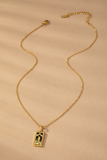 Tarot Card Lover Pendant Necklace with heart and mother of pearl background on gold-tone chain.