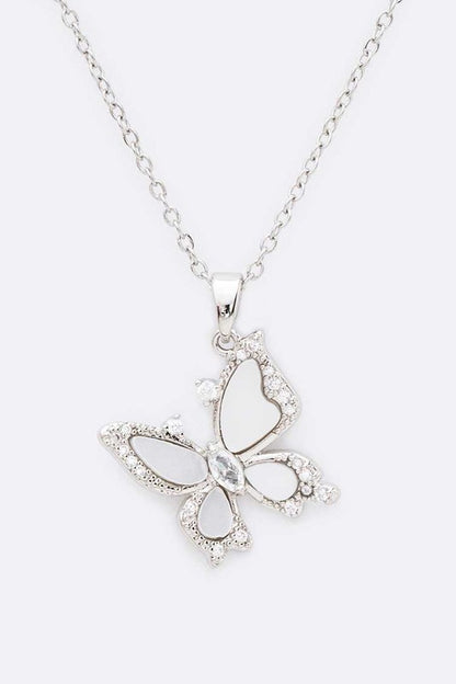 Close-up of Mother of Pearl Butterfly Pendant with cubic zirconia accents set in rhodium-plated finish.