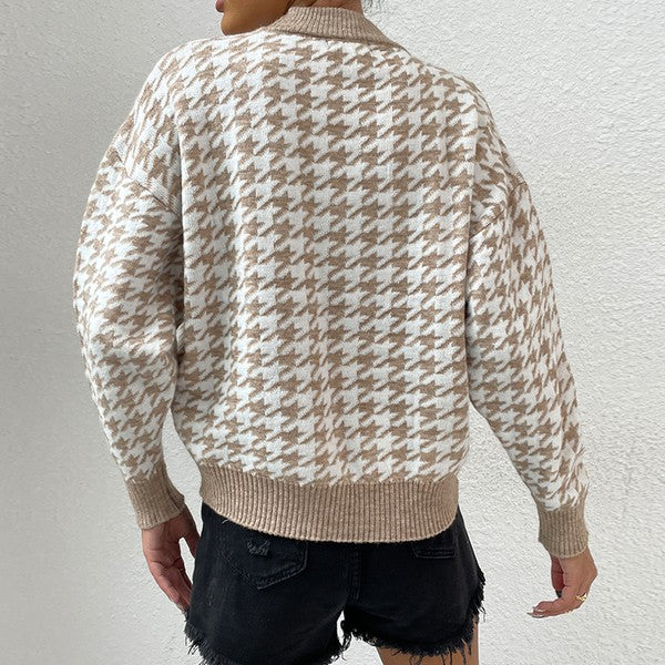 Back view of Delaney Khaki Houndstooth Sweater showing relaxed fit