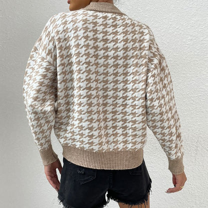Back view of Delaney Khaki Houndstooth Sweater showing relaxed fit