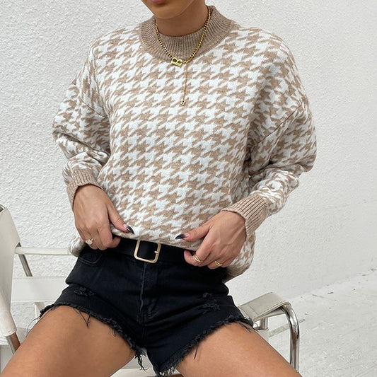 Front view of Delaney Khaki Houndstooth Sweater with round neckline