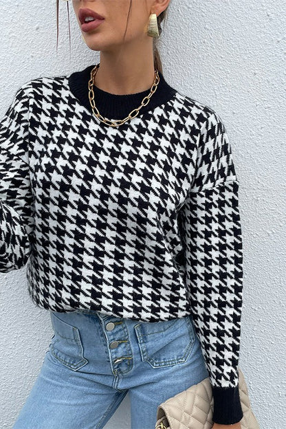 Front view of Delaney Black Houndstooth Sweater with drop shoulders