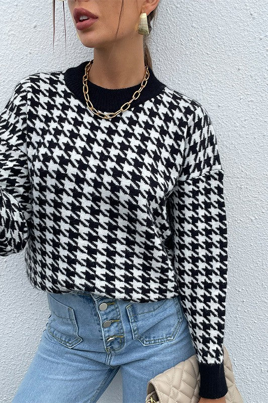 Front view of Delaney Black Houndstooth Sweater with drop shoulders