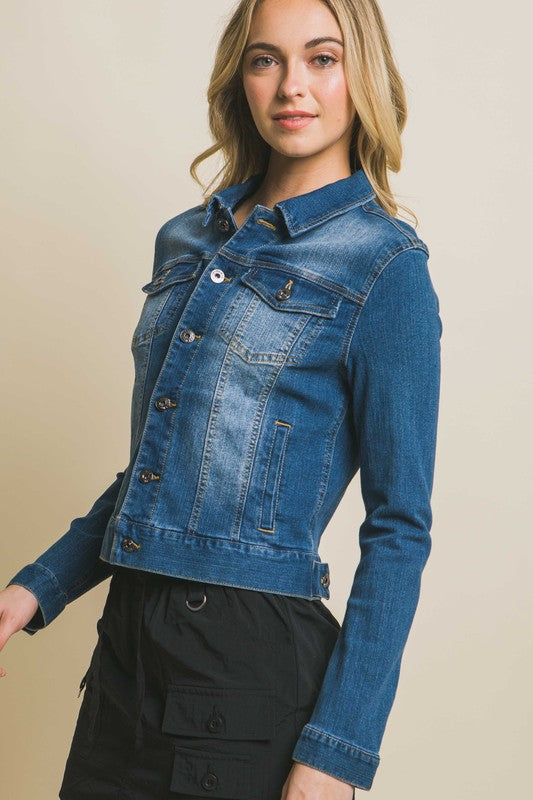 Maris Distressed Button Up Stretchy Cotton Denim Jacket