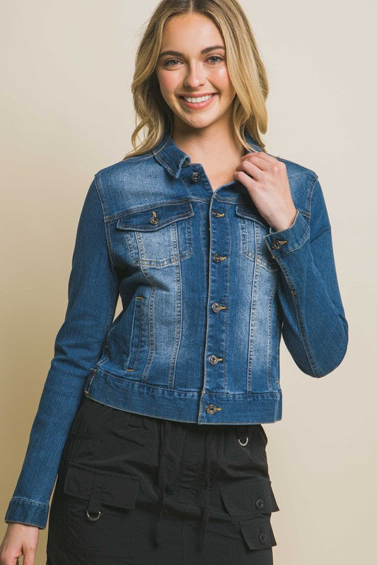 Maris Distressed Button Up Stretchy Cotton Denim Jacket