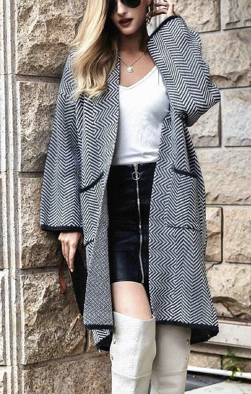 Nyla herringbone open front cardigan with relaxed fit and front pockets