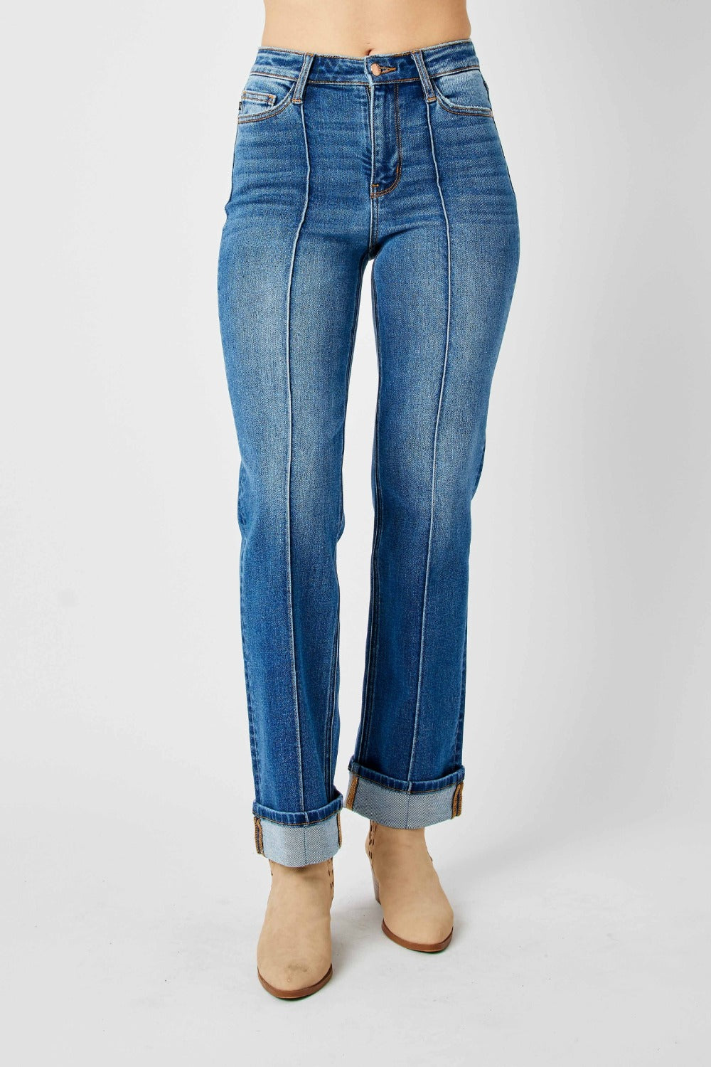 Medium wash high-waist straight-leg jeans with front seam detail and moderate stretch.