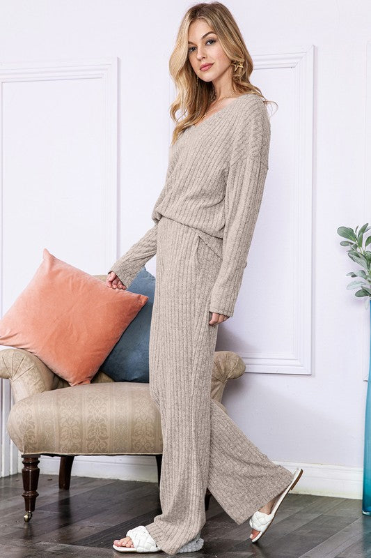 Eden Slouchy Beige Ribbed Knit Loungewear Set