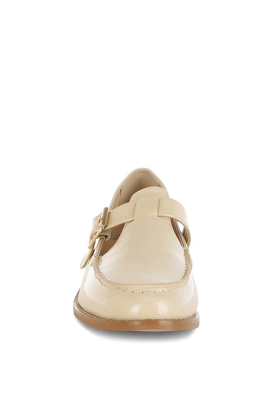 Beige Swenson Mary Jane Loafers front view, adjustable buckle strap with stitched patent pleather finish