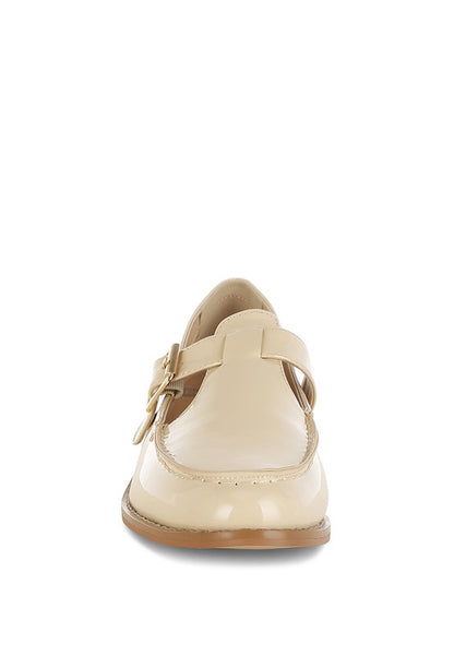 Beige Swenson Mary Jane Loafers front view, adjustable buckle strap with stitched patent pleather finish