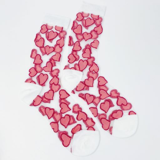 Lyssi Heartful Love Sheer Socks - Heart Print, Taupe, Pink, Lavender, One Size