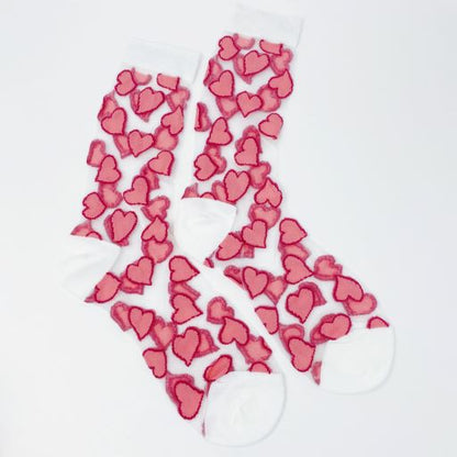 Lyssi Heartful Love Sheer Socks - Heart Print, Taupe, Pink, Lavender, One Size