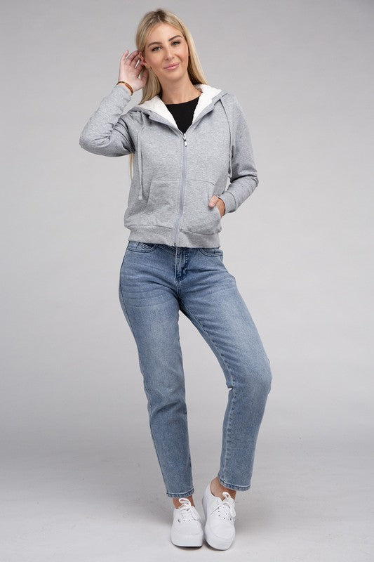 Heather Grey cropped zip-up hoodie with fuzzy trim, pockets, and long sleeves.