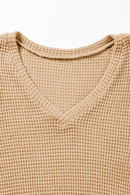 Ming Tulip Sleeve Waffle Knit Top – V-Neck, Casual, Khaki Beige