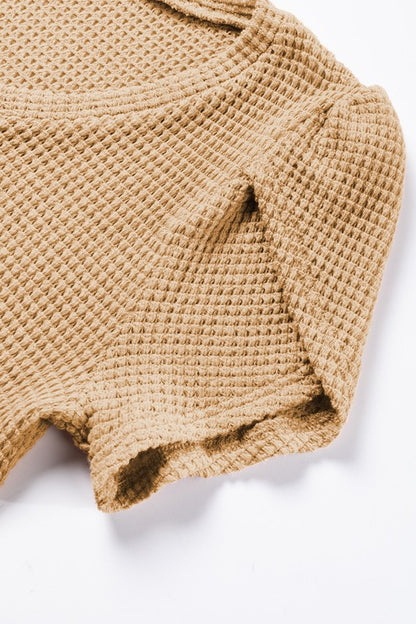 Ming Tulip Sleeve Waffle Knit Top – V-Neck, Casual, Khaki Beige
