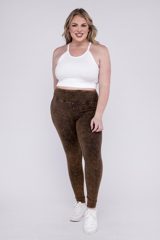 Stretchy Americano colored, mineral washed, full-length leggings with a wide waistband.