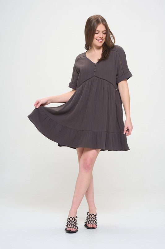 Gladys Button Down V-neck Short Dress