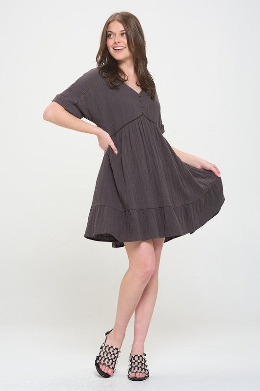 Gladys Button Down V-neck Short Dress