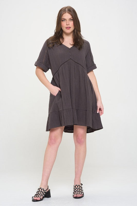 Gladys Button Down V-neck Short Dress