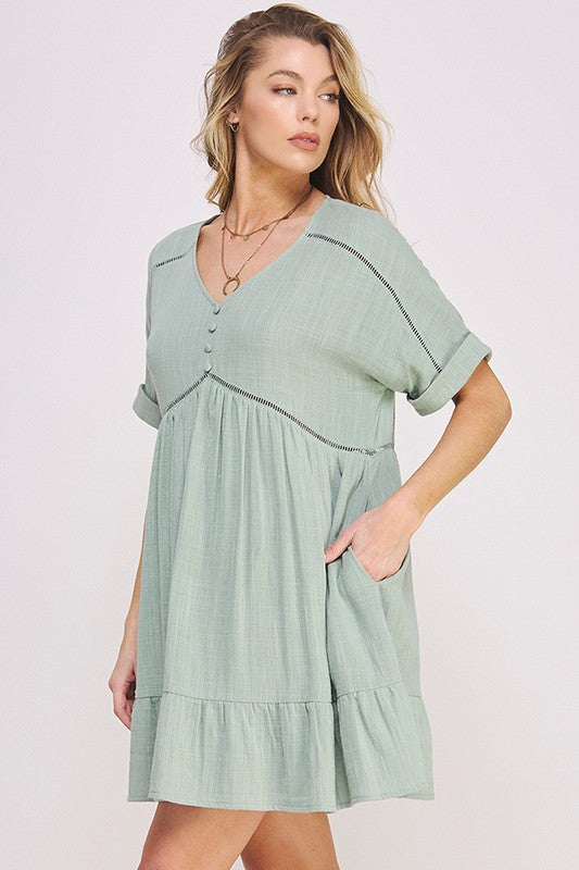 Gladys Button Down V-neck Short Dress