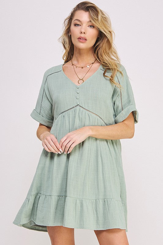 Gladys Button Down V-neck Short Dress