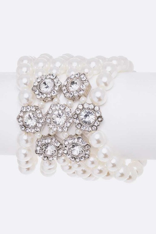 Laphonza Crystal Flower Pearl Layer Statement Bracelet