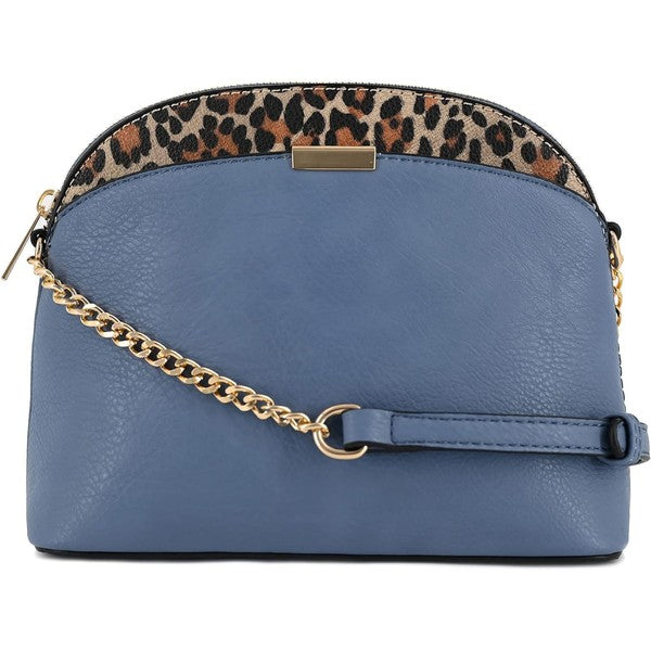 Blue Grey Leopard Accent Crossbody Bag with leopard trim, gold chain strap, top zip, and compact dome profile.