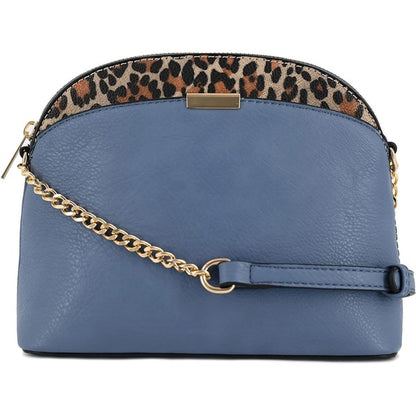 Blue Grey Leopard Accent Crossbody Bag with leopard trim, gold chain strap, top zip, and compact dome profile.