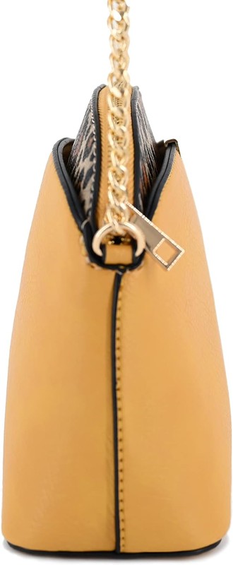 Side view of Mustard Leopard Accent Crossbody Bag highlighting dome profile, chain ring hardware, and smooth faux leather.