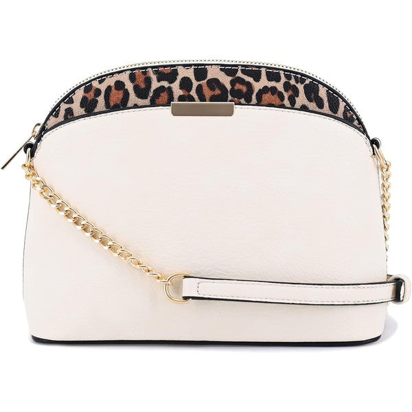 Ivory Leopard Accent Crossbody Bag with leopard border, gold chain strap, top zipper, and compact organizer interior.