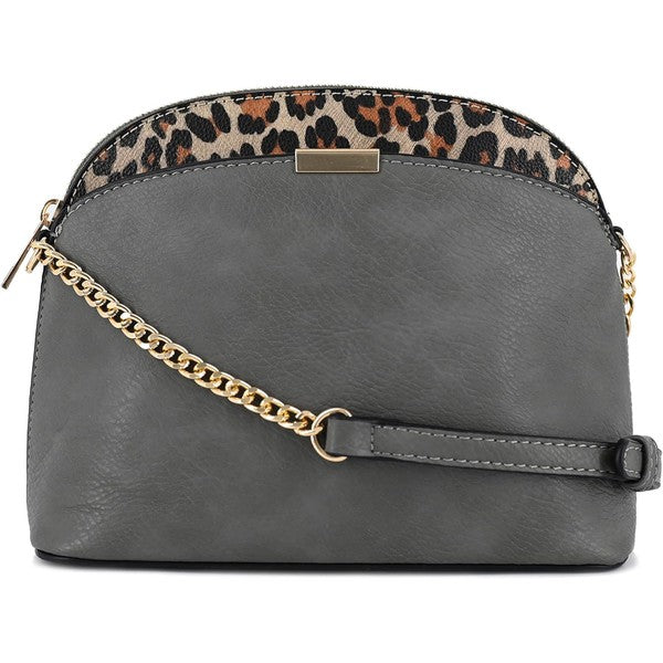 Dark Grey Leopard Accent Crossbody Bag, dome shape with leopard accent, chain detail strap, and zip closure.