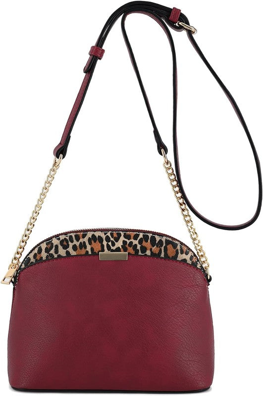 Wine Leopard Accent Crossbody Bag displaying adjustable crossbody strap with gold chain detail.
