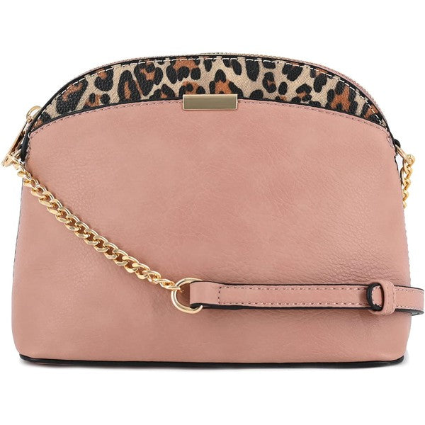 Blush Leopard Accent Crossbody Bag featuring leopard edge detail, chain strap, zipper closure, and tidy pockets.