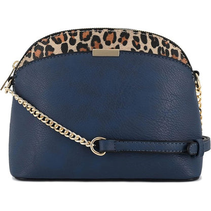 Navy Leopard Accent Crossbody Bag, small dome with leopard trim, chain strap, secure zip, and streamlined pockets.