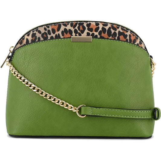 Sage Leopard Accent Crossbody Bag featuring leopard trim, chain strap detail, zipper closure, and dome profile.