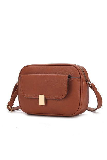 Front angle of brown Michaela Vegan Leather Shoulder Bag with gold-tone hardware and zipper fastening.