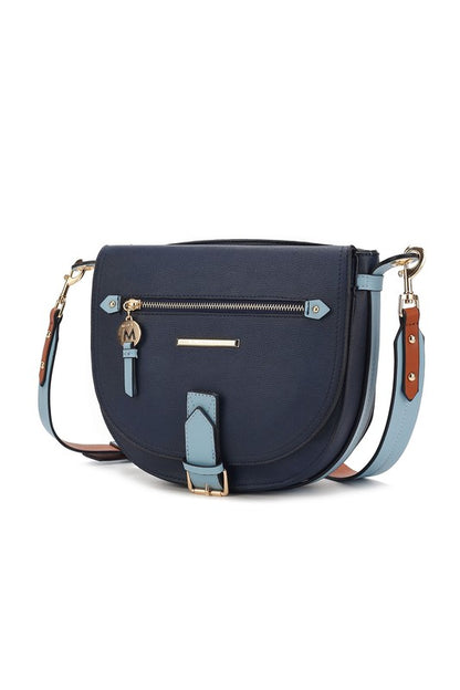 Navy Drew Color Block Shoulder Bag with gold-tone hardware and adjustable strap.