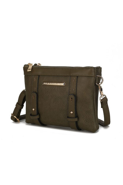 Front view of olive Elsie crossbody bag with gold hardware and zip closure.