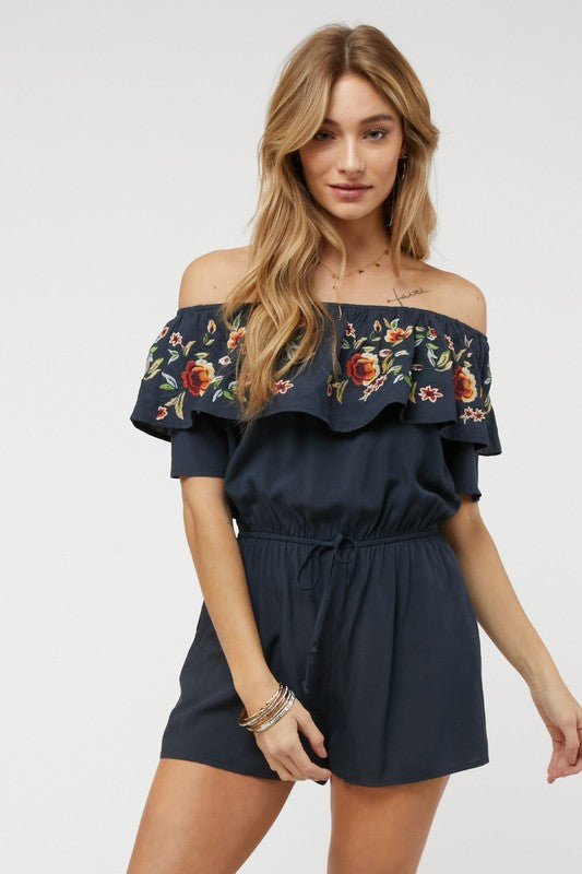 Kenzy Floral Embroidered Off Shoulder Romper