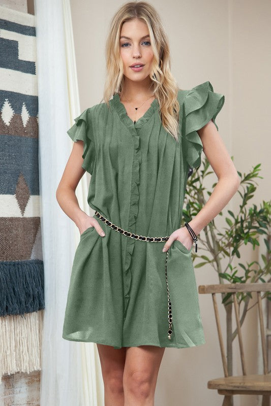 Wyatt Ruffle Sleeve V-Neck Green Dress with Pocket