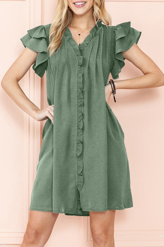 Wyatt Ruffle Sleeve V-Neck Green Dress with Pocket