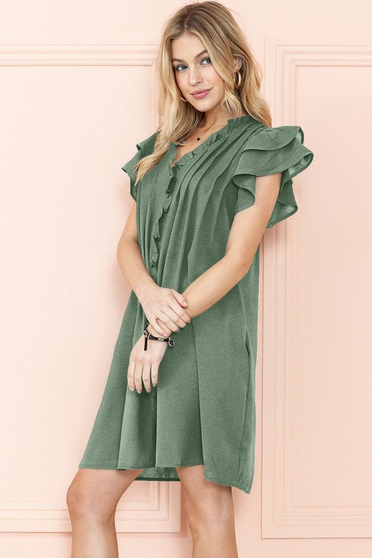 Wyatt Ruffle Sleeve V-Neck Green Dress with Pocket