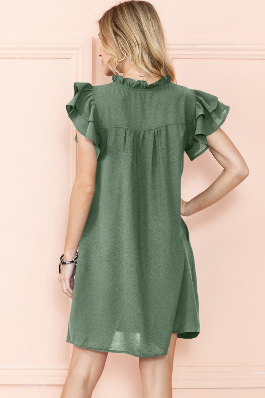 Wyatt Ruffle Sleeve V-Neck Green Dress with Pocket