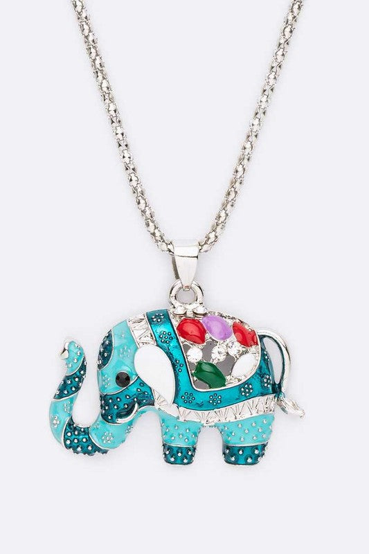 Rhodium necklace with a blue jeweled elephant pendant.